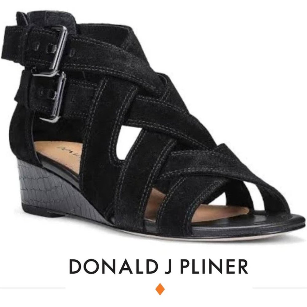 Donald J. Pliner Valencia Black Suede Wedge-heeled Sandal Size 9.5 NWOB $228